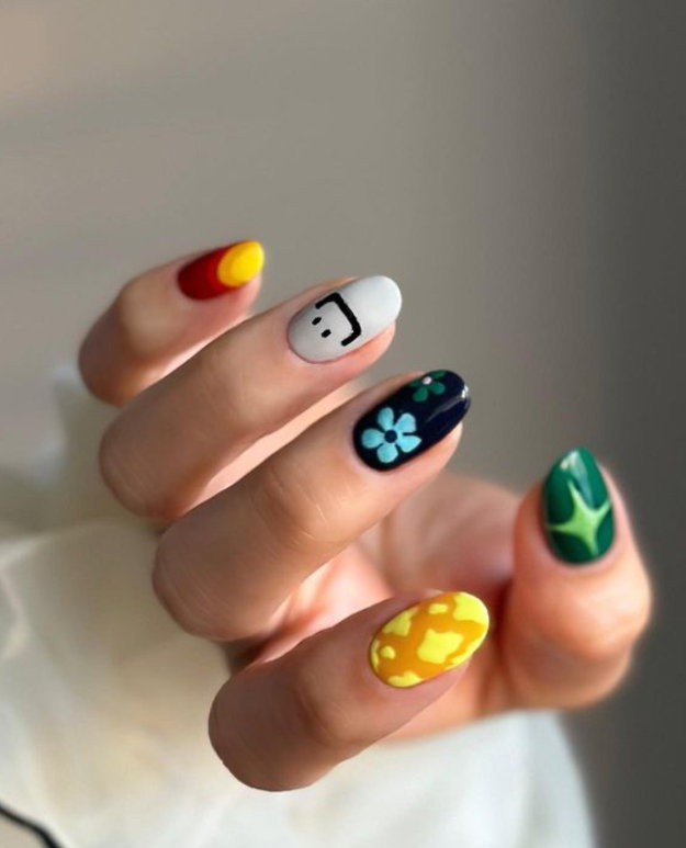 mismatched acrylic nails