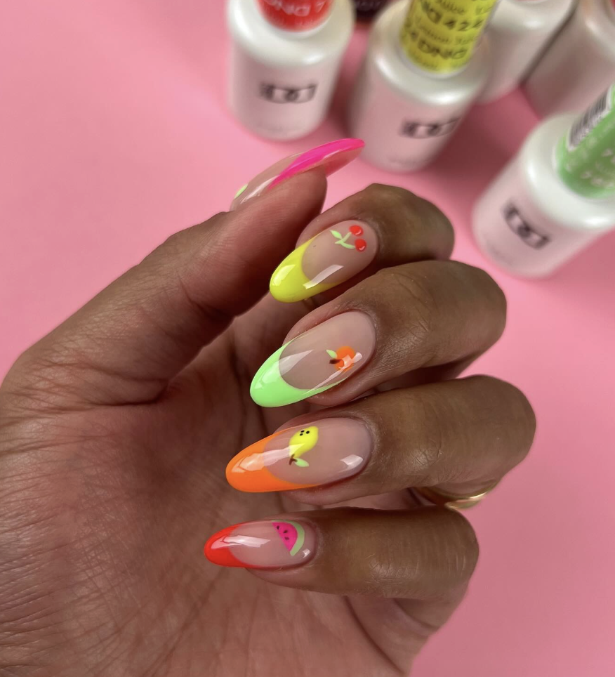 neon-fruit-french-tip-nails | Live That Glow Almond nails with neon French tips and tiny colourful fruit nail art