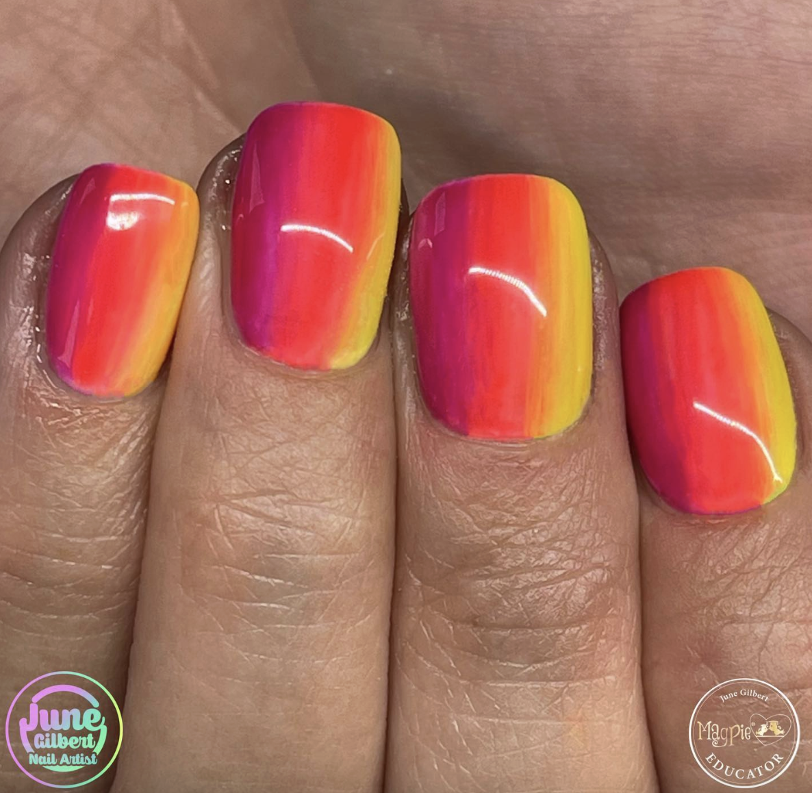 neon-rainbow-gradient-nails | Live That Glow Short square nails with a vivid neon gradient from pink through orange to yellow