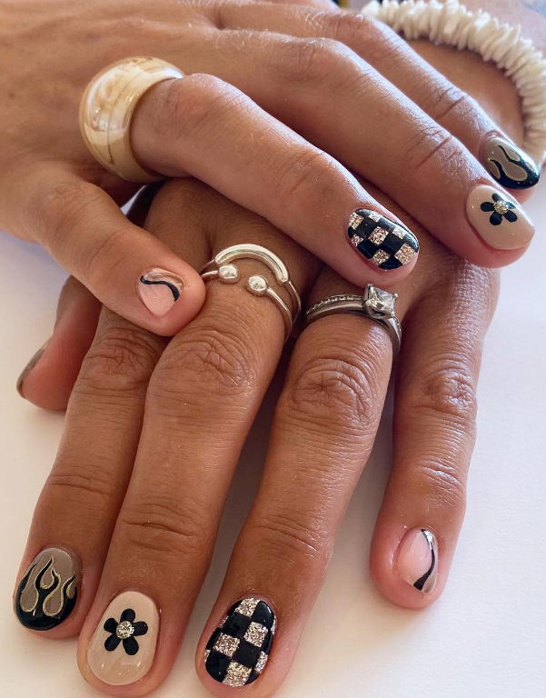 nude glitter checkered nails