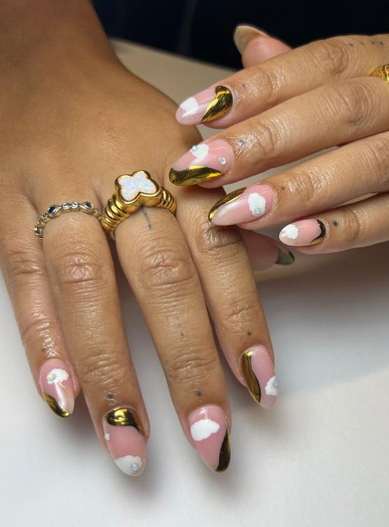 nude pink nails with clouds gold and 3D details