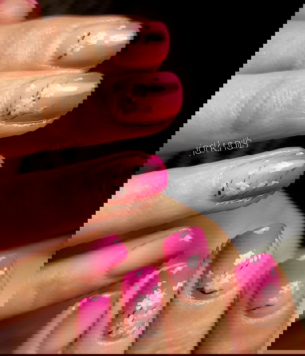 pink ombre nails with cherry blossom nail art