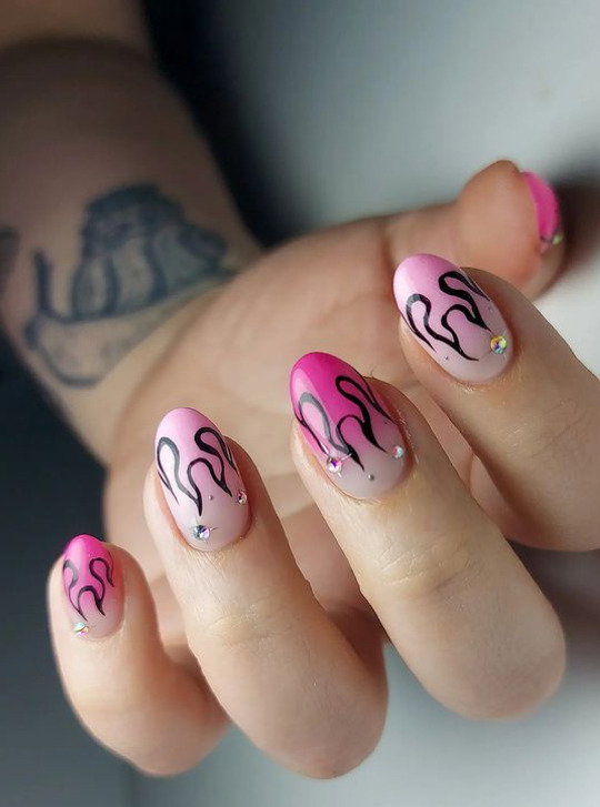 pink ombre nails with flames