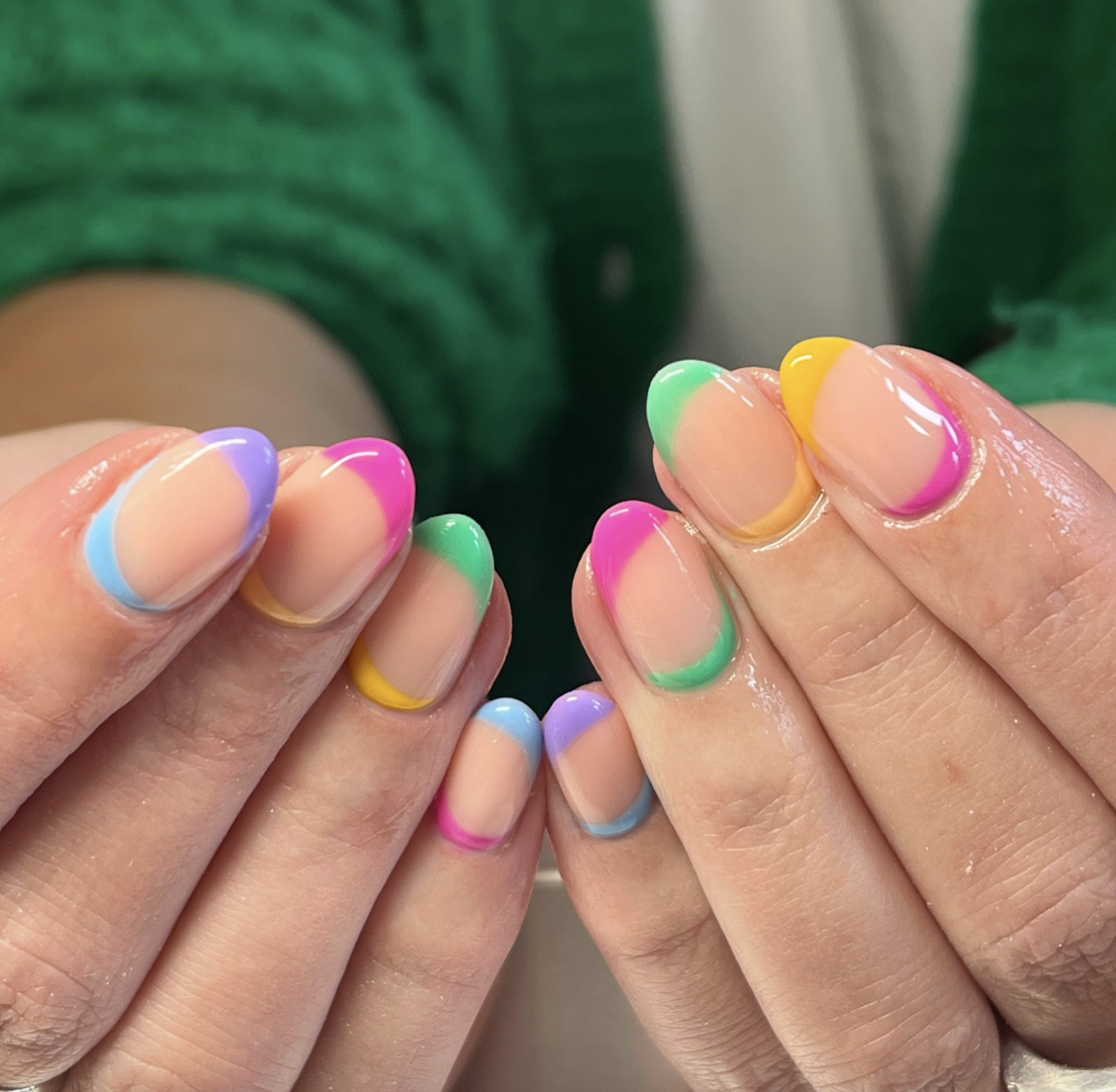 rainbow-neon-double-french-nails | Live That Glow Nude nails with colourful neon double French tips in pink, green, blue, yellow and purple