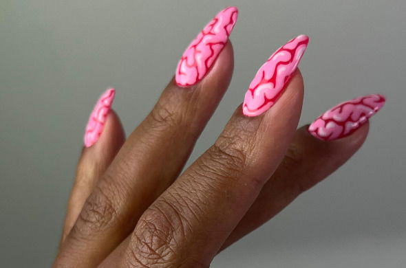 red and pink brain design nails