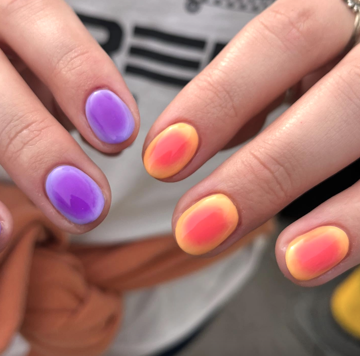 sunset-neon-ombre-nails | Live That Glow Short square neon ombré nails blending pink, orange and yellow