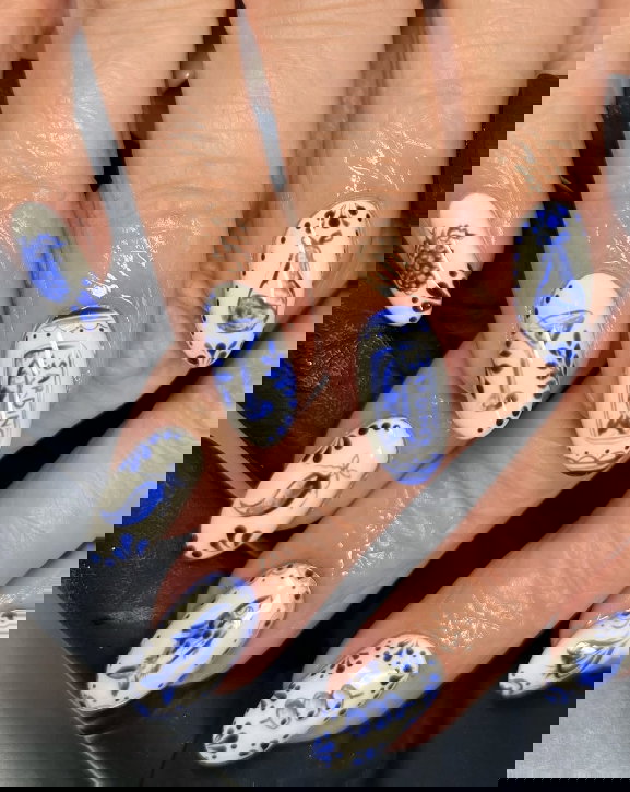 blue and white tile nails