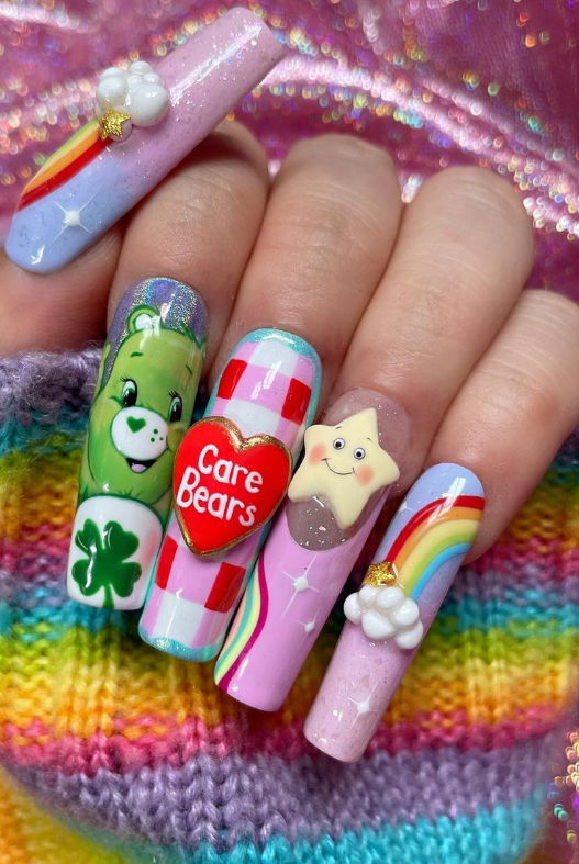 care bears nails with hearts and clouds