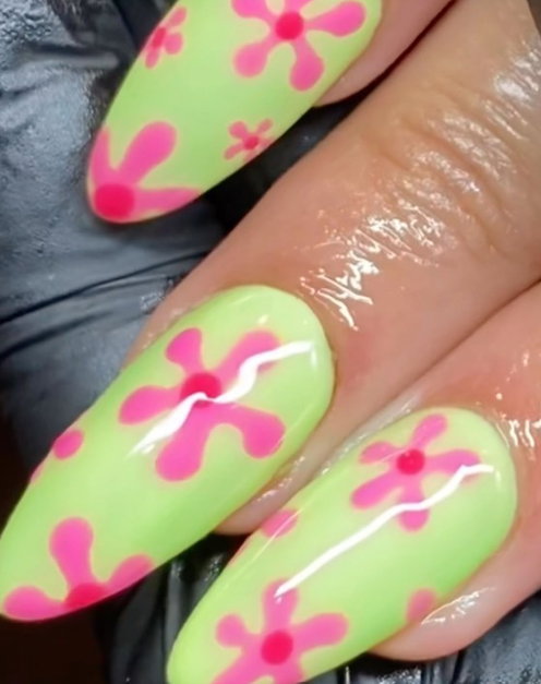 green and pink spring nails