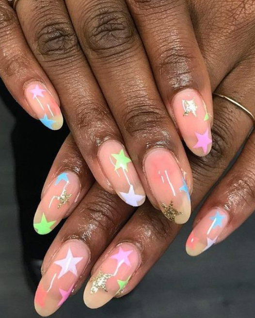 nude nails with pastel stars