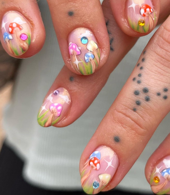 spring nude nails with colourful mushrooms