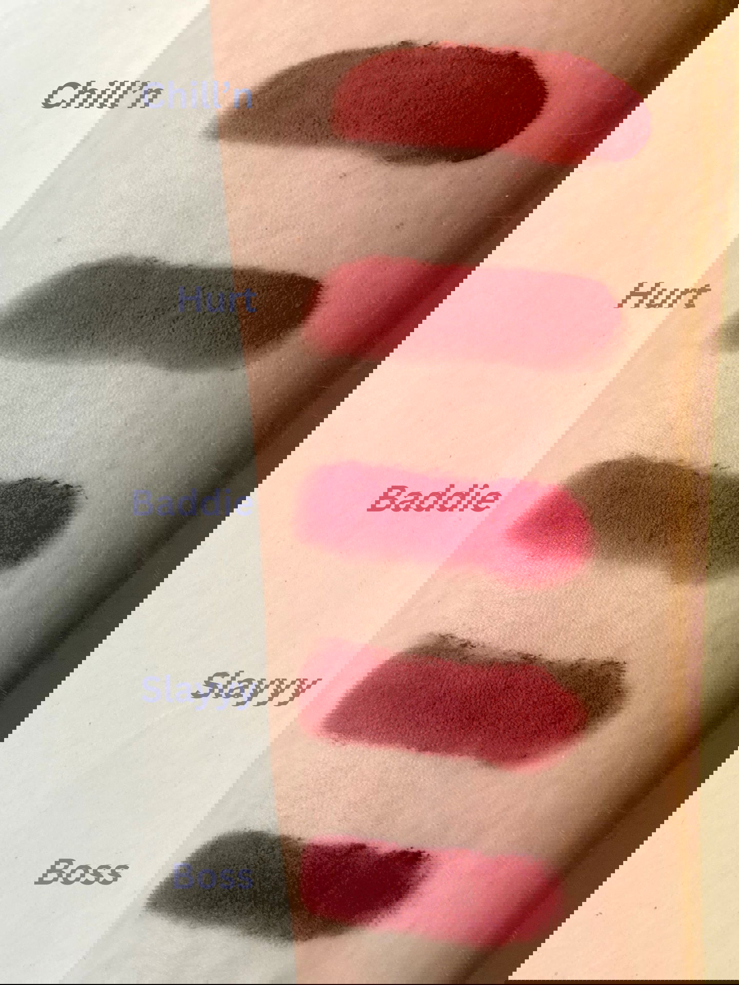Fwee Lip & Cheek Blurry Pudding Pot swatches in shades Chill'n, Hurt, Baddie, Slayyy, and Boss