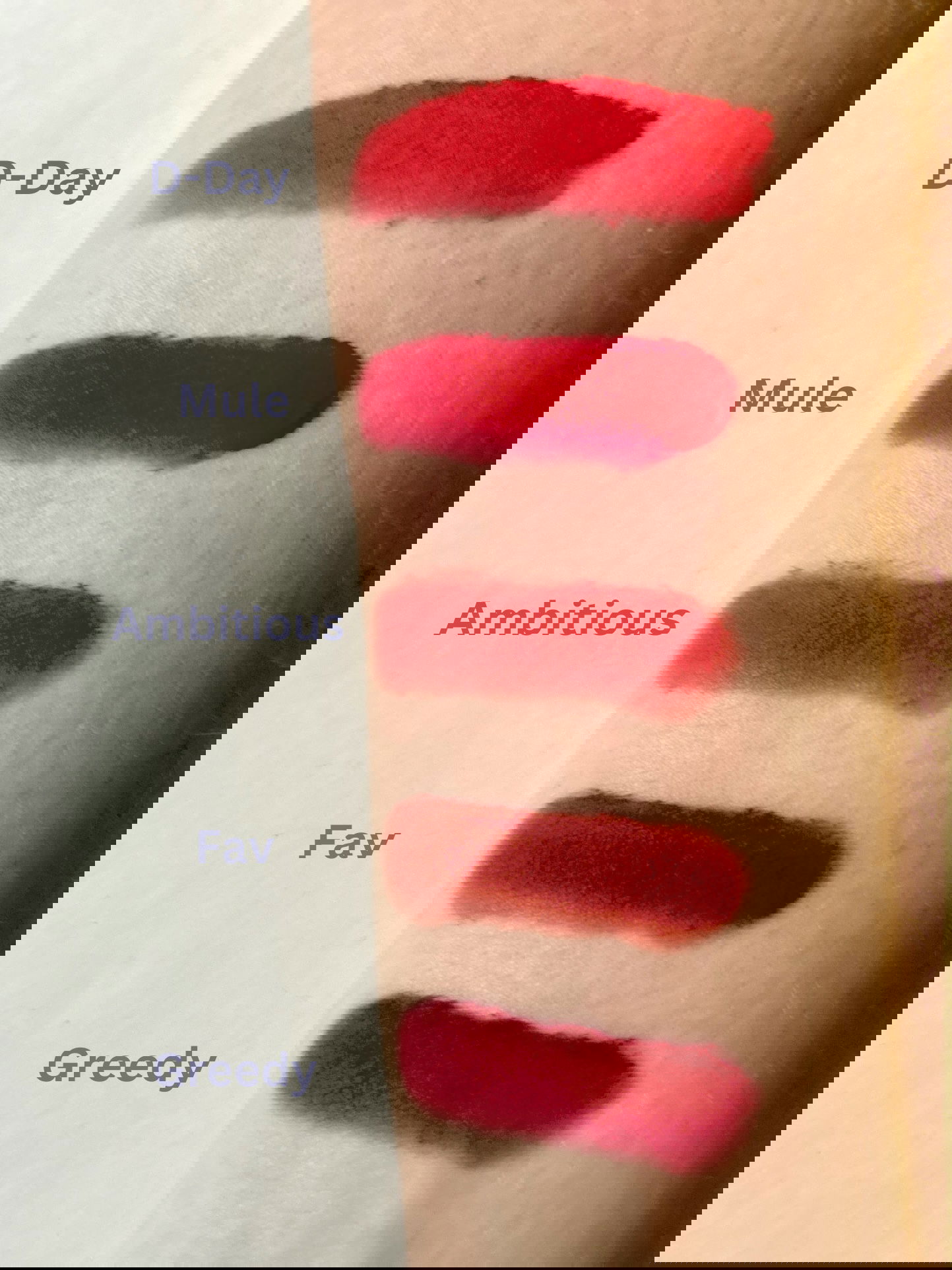 Fwee Lip & Cheek Blurry Pudding Pot swatches in shades D-Day, Mule, Ambitious, Fav, and Greedy