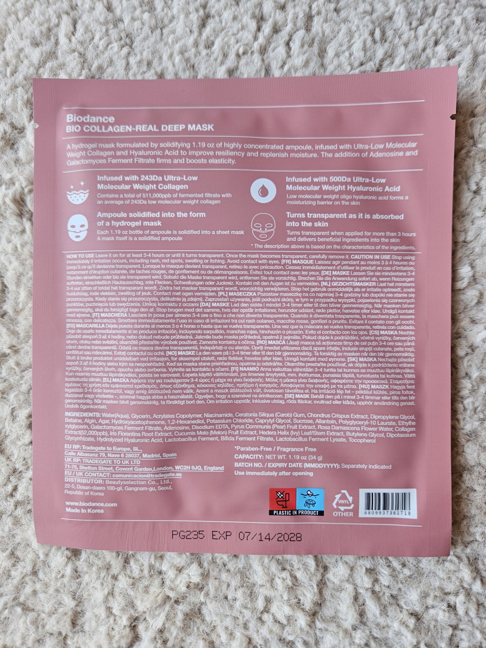 biodance-bio-collagen-real-deep-mask-ingredients-instructions | Live That Glow Back of the Biodance Bio Collagen Real Deep Mask packet showing ingredients and usage instructions.