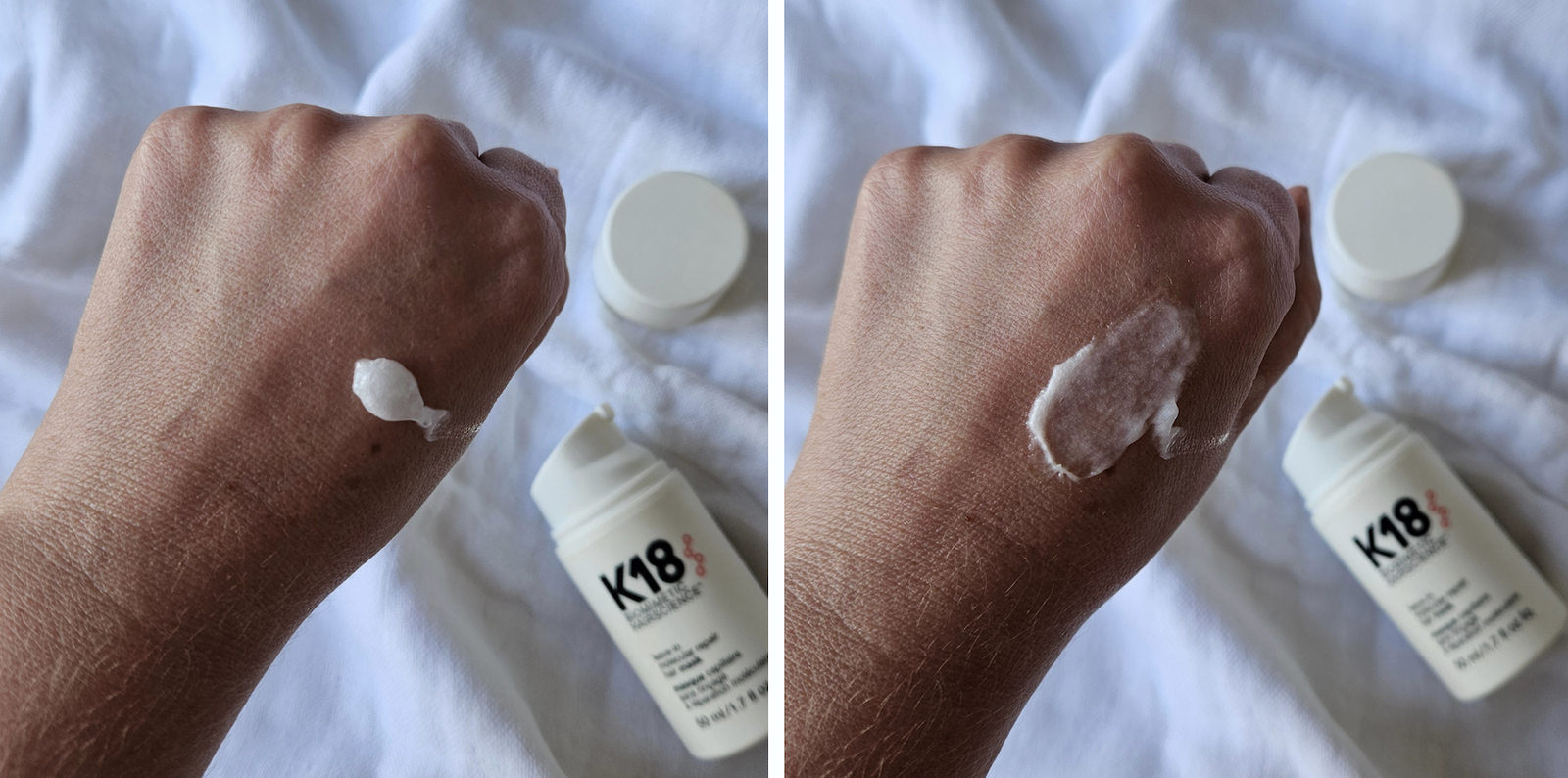 K18 Leave-In Molecular Repair Hair Mask texture before and after spreading onto skin