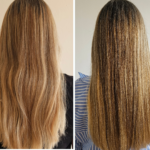 Before and after using the T3 Aire 360, showing straighter, smoother and shinier hair after styling