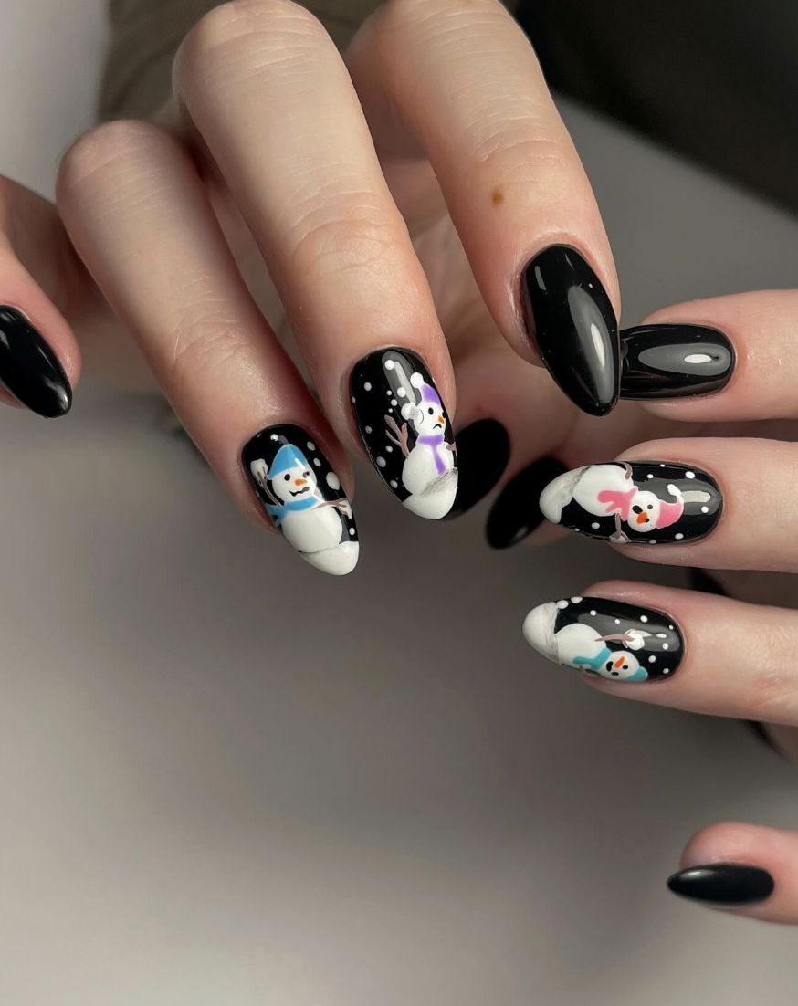 Black snowmen Christmas nails