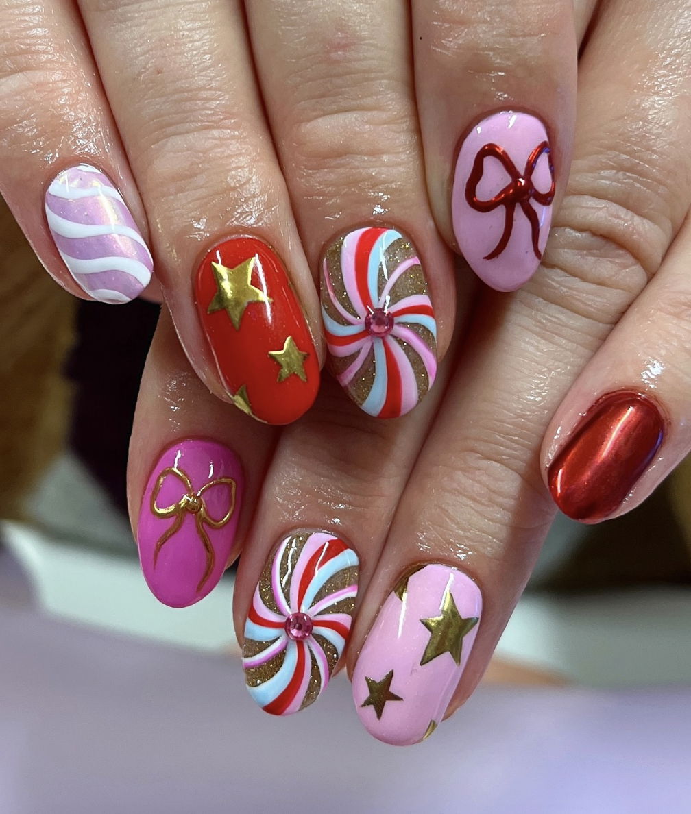 Candy pink mix and match Christmas nails