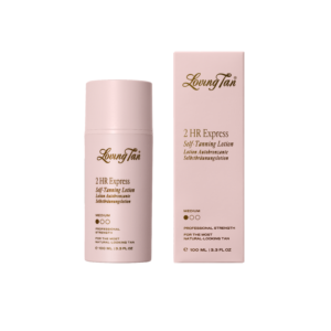 Pink Loving Tan 2HR Express self-tanning lotion packaging: a bottle on the left and a rectangular box on the right.