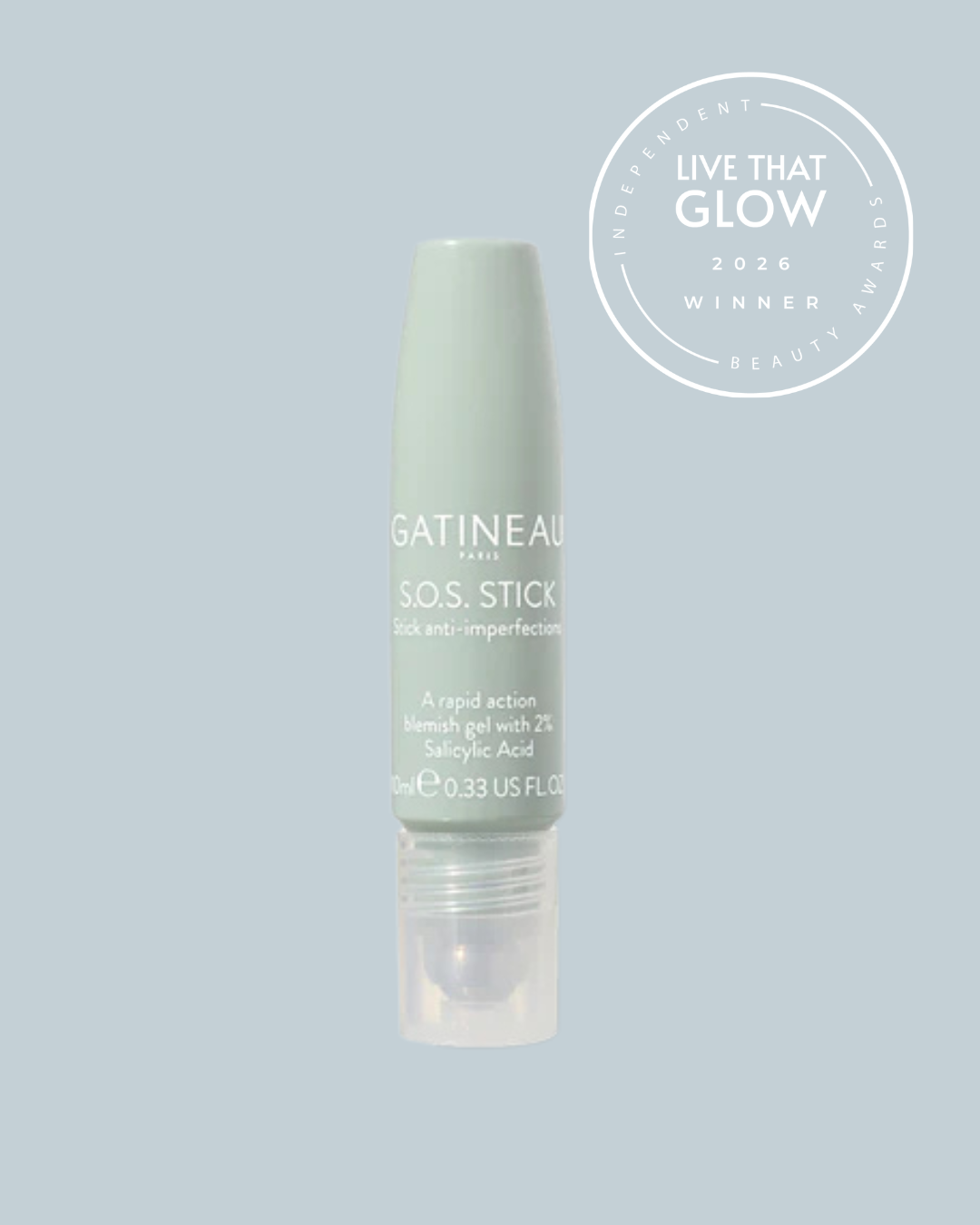 Live That Glow Independent Beauty Awards 2026 Best Blemish Solution Winner - Gatineau SOS Stick | Live That Glow Best Blemish Solution: Winner image for the Live That Glow Independent Beauty Awards 2026 showing Gatineau SOS Stick, winner of Best Blemish Solution.
