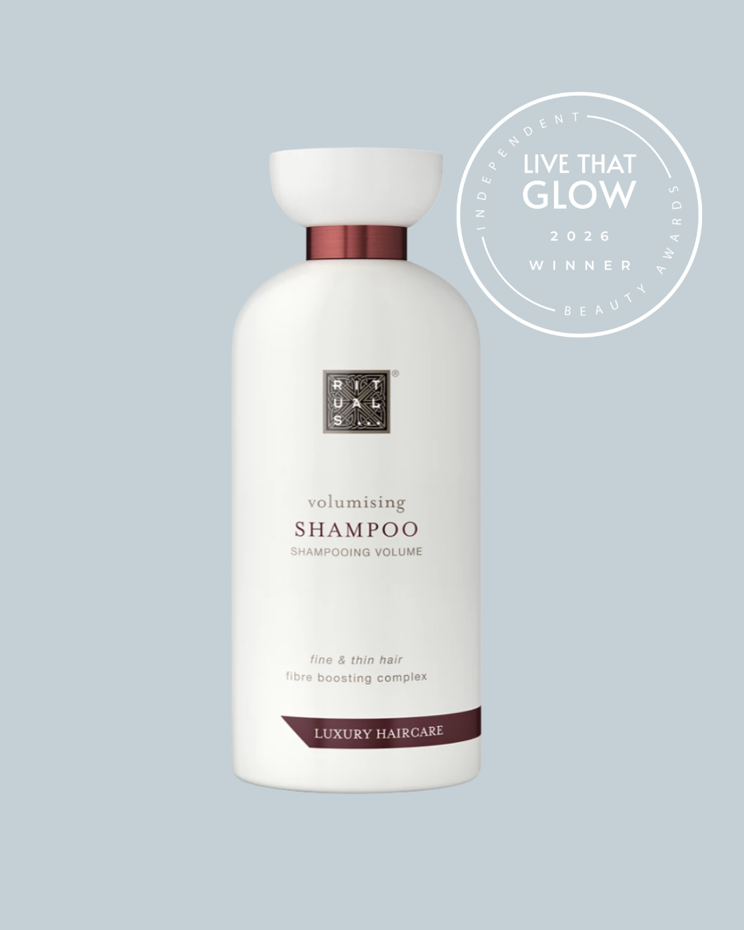 Live That Glow Independent Beauty Awards 2026 Best For Hair Volume Winner - Rituals Haircare Collection Volumising Shampoo | Live That Glow Best For Hair Volume: Winner image for the Live That Glow Independent Beauty Awards 2026 showing Rituals Haircare Collection Volumising Shampoo, winner of Best For Hair Volume.