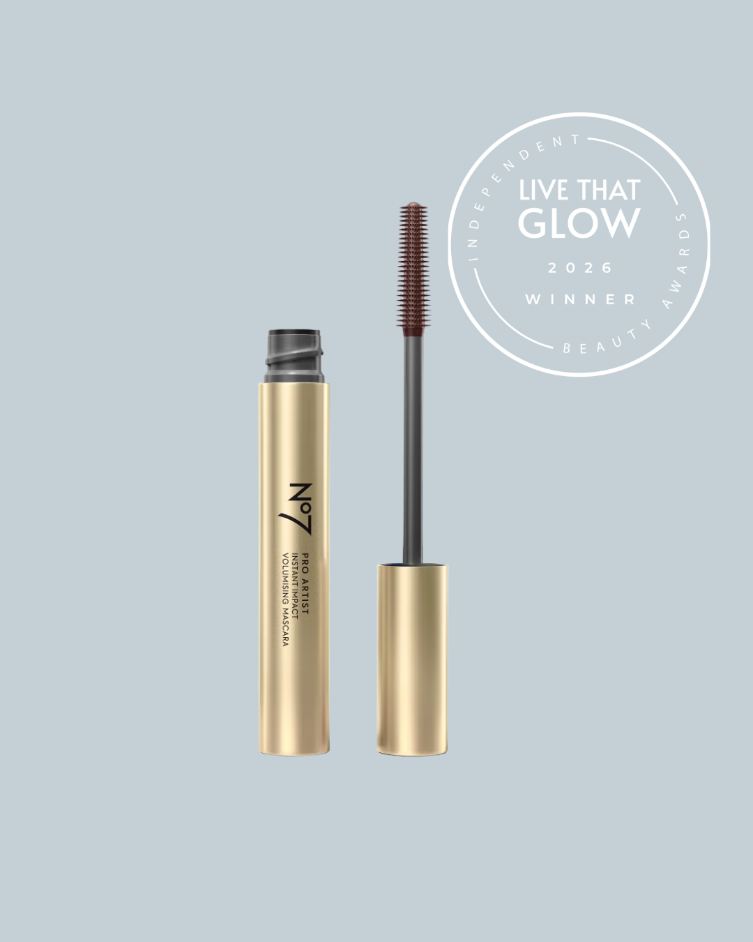 Live That Glow Independent Beauty Awards 2026 Best For Lashes Winner - No7 Pro Artist Instant Impact Volumising Mascara | Live That Glow Best For Lashes: Winner image for the Live That Glow Independent Beauty Awards 2026 featuring No7 Pro Artist Instant Impact Volumising Mascara, winner of Best For Lashes.