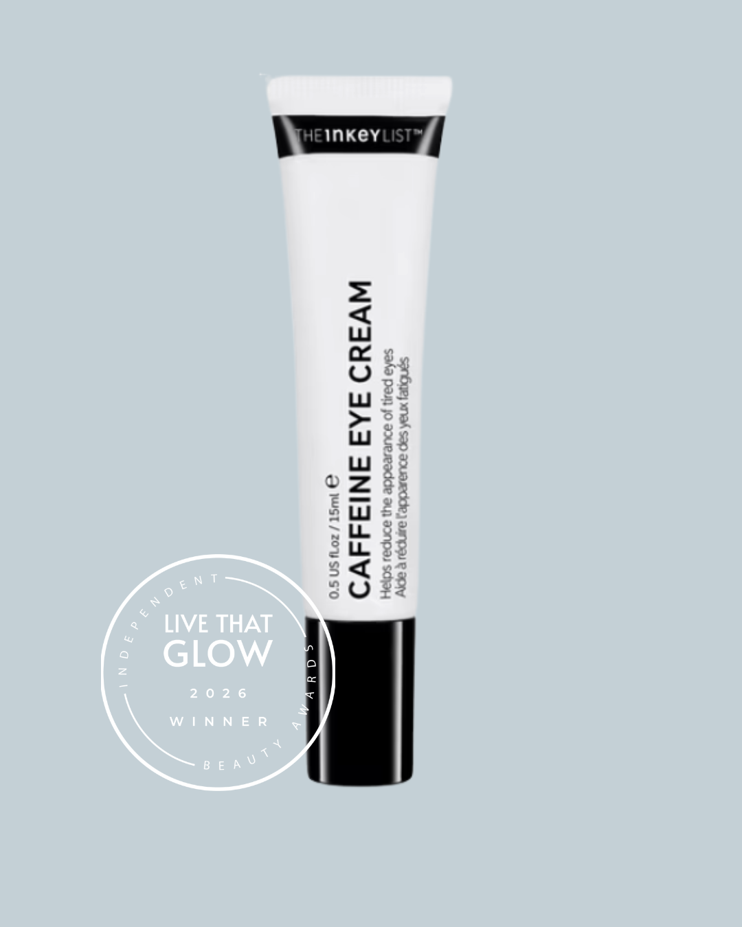 Live That Glow Independent Beauty Awards 2026 Best For Wide Awake Eyes Winner - The INKEY List Caffeine Eye Cream | Live That Glow Best For Wide Awake Eyes: Winner image for the Live That Glow Independent Beauty Awards 2026 showing The INKEY List Caffeine Eye Cream, winner of Best For Wide Awake Eyes.