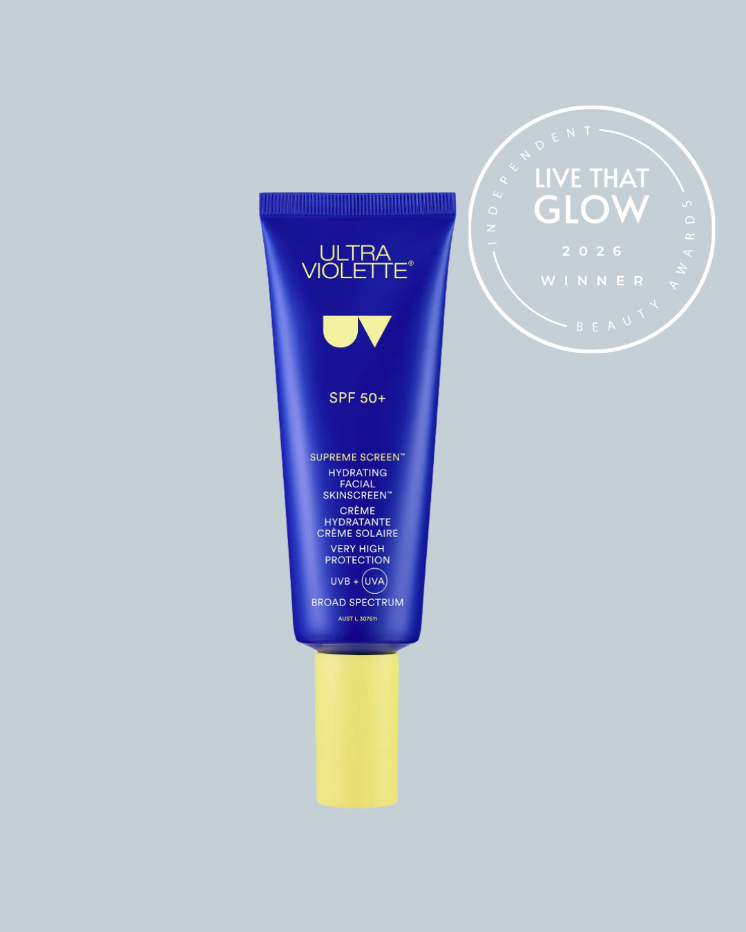 Live That Glow Independent Beauty Awards 2026 Most Wearable SPF Winner - Ultra Violette Supreme Screen | Live That Glow Best Dry Skin Product: Winner image for the Live That Glow Independent Beauty Awards 2026 featuring Liz Earle Revitalise & Glow Radiance Reveal Night Cream, winner of Best Dry Skin Product.
