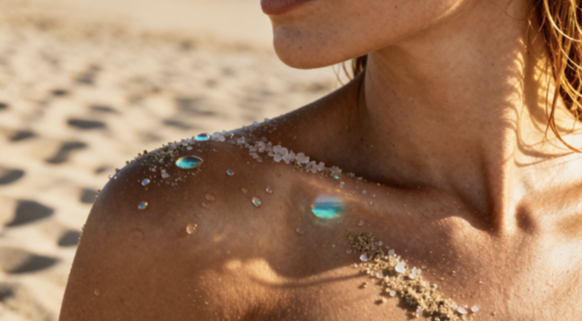 Close-up of a woman's shoulder and neck on a sunny beach, with sand grains and iridescent droplets clinging to her skin.