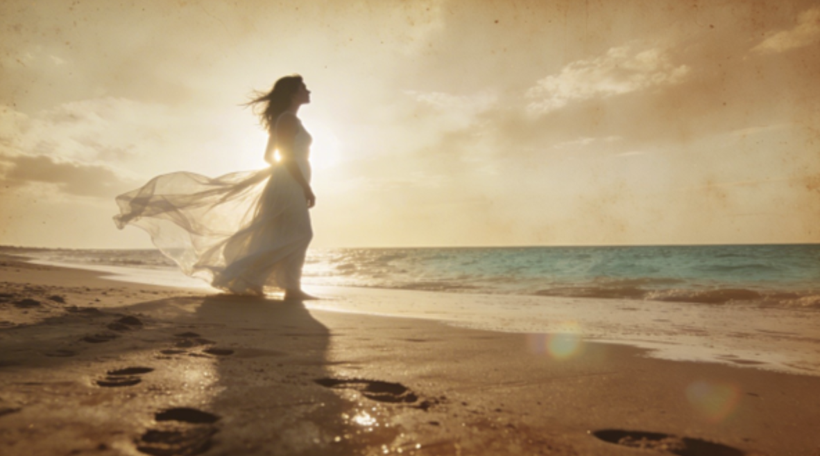 Silhouette of a woman in a flowing dress standing on a beach at sunset, fabric billowing in the wind.
