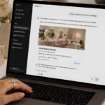 Laptop screen displays a chat-style interface discussing Glow Beauty Studio with a salon image and booking option visible on screen.