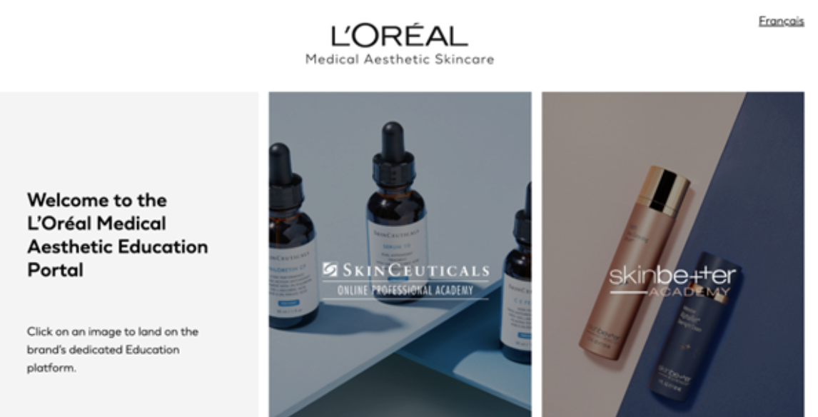 Three-panel hero image: left panel has welcome text, middle panel shows SkinCeuticals serum bottles, right panel features SkinBetter Academy products, with L’Oréal logo above