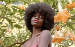 Portrait of a woman with a large Afro among orange hanging flowers in a sunlit garden.