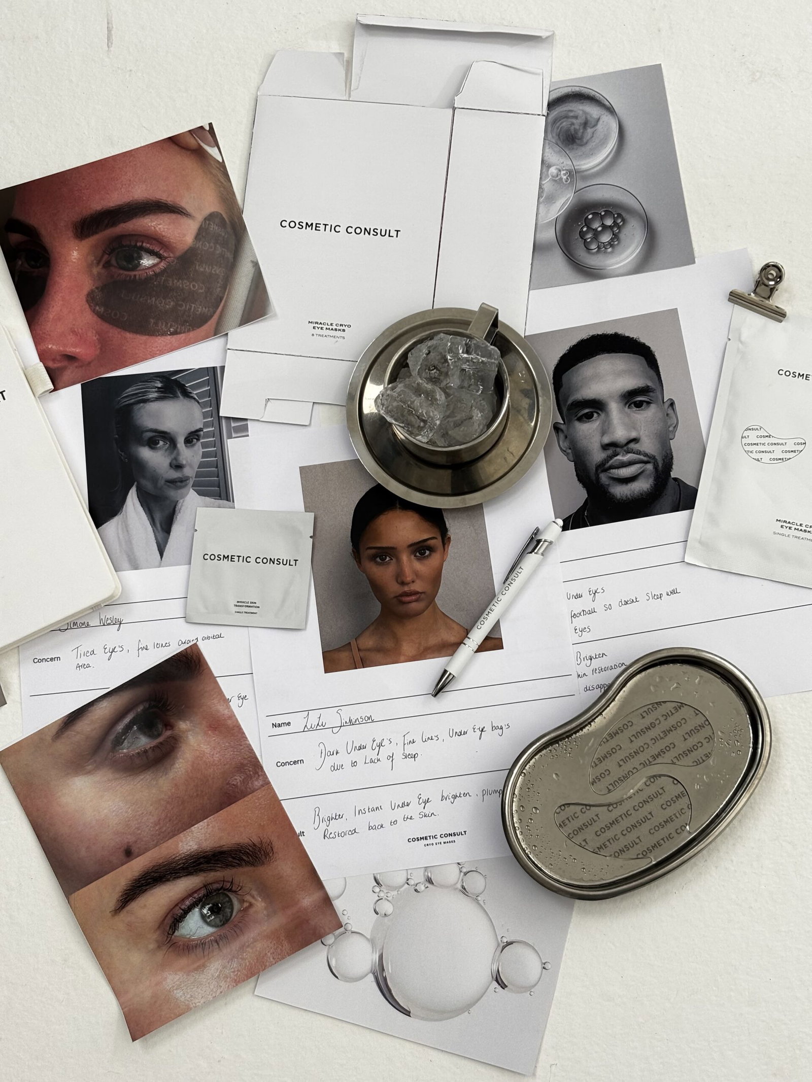 | Live That Glow Collage of cosmetic consult materials showing model headshots, close-up eye photos, printed forms, and a metal cosmetic tin on a light background