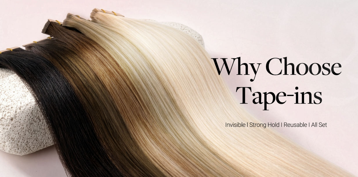 Hair extension swatches in dark to blonde on a display roller, promoting tape-in extensions.