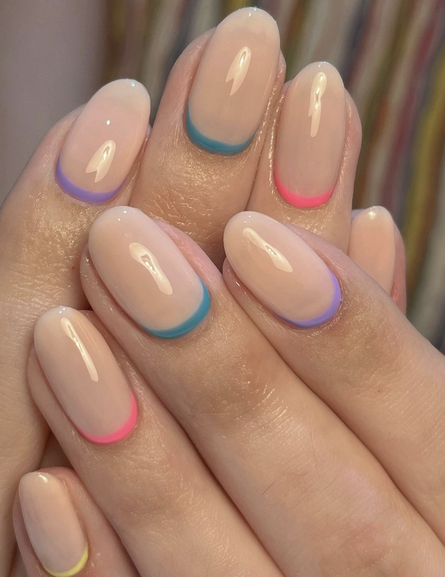 Reverse Rainbow French Mani on Nude Nails