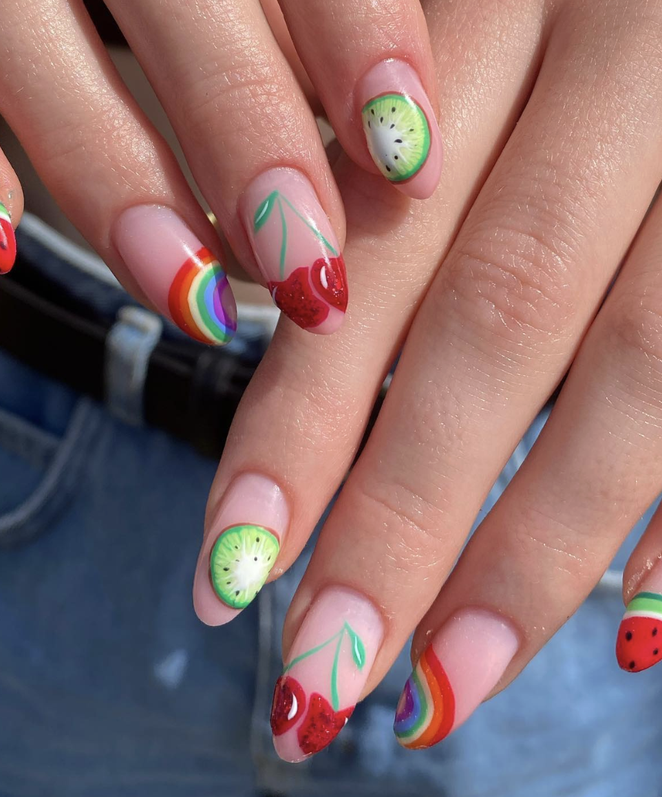Acrylic Pride Flag Nails with Fruity Nail Art