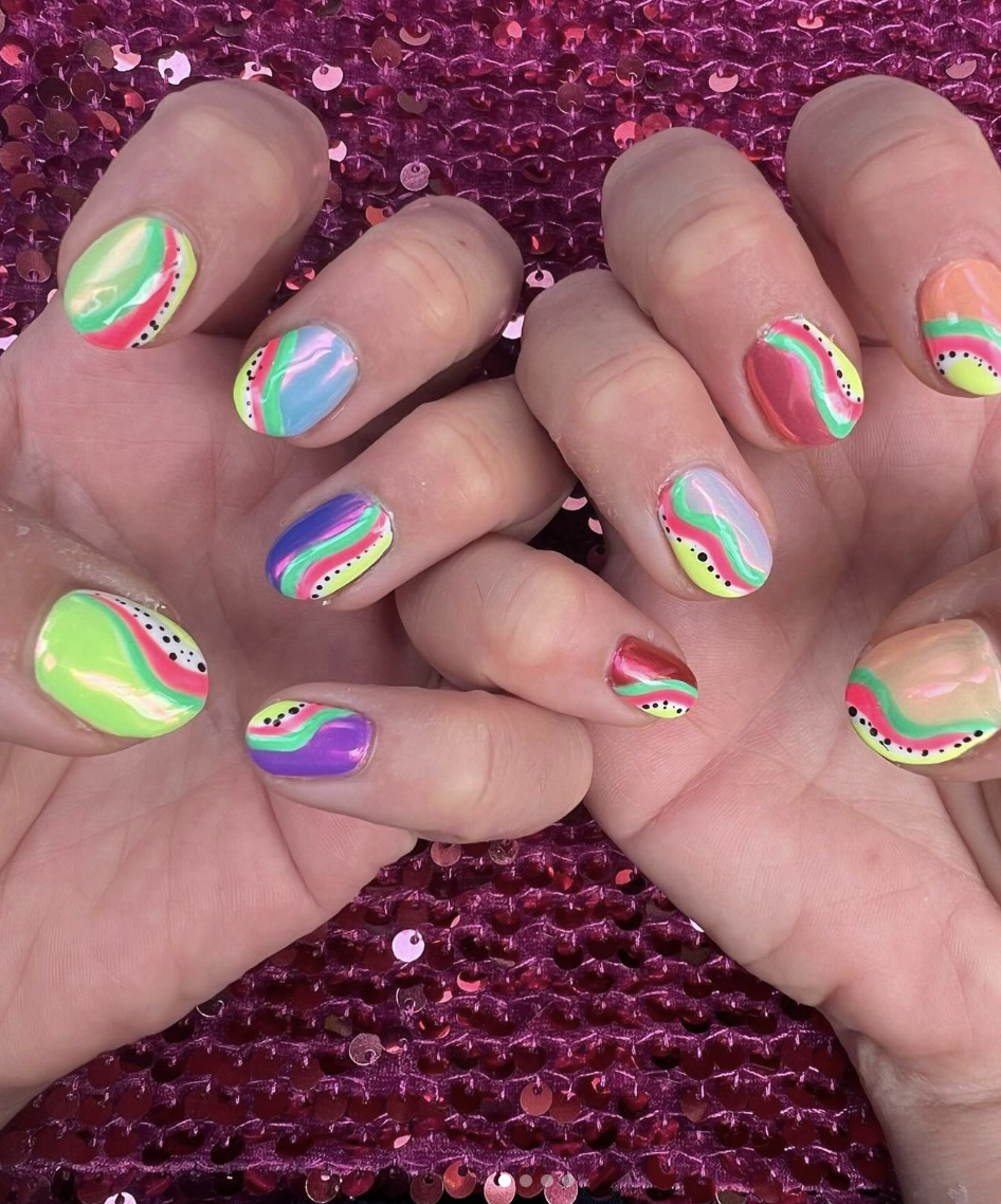 Rainbow Swirl Nails with Chrome Finish