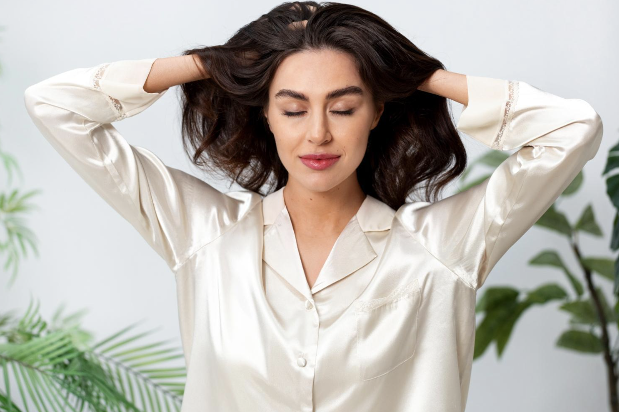 Woman in a cream satin blouse with eyes closed, hands in her hair as she relaxes indoors near green plants.