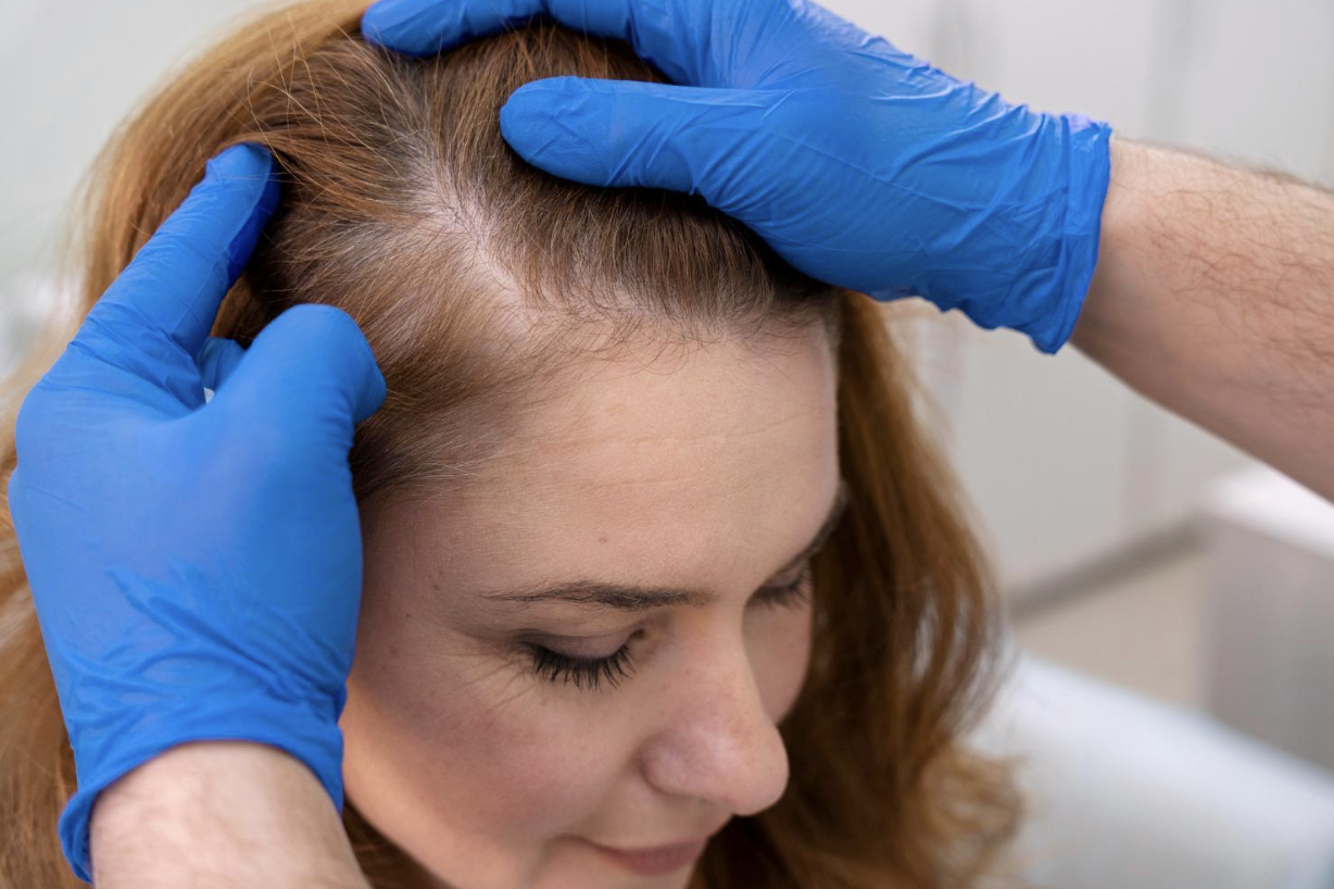 Healthcare provider in blue gloves parts a woman's hair to examine her scalp on a medical exam.
