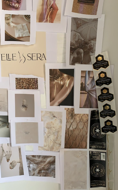 Fashion mood-board collage on a white board: Polaroid-style photos of textures, fabrics, and skin tones surrounding a central 'ELLE SERA' label, with a vertical strip of Wildflower labels on the right.