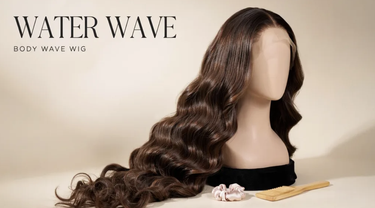 Mannequin head displaying a long brown water-wave wig with a smooth, glossy finish; brush and hair tie nearby.