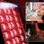 Collage of red LED light therapy device and two insets: a woman relaxing under a facial light treatment and a close-up of a reddened shoulder under red light.