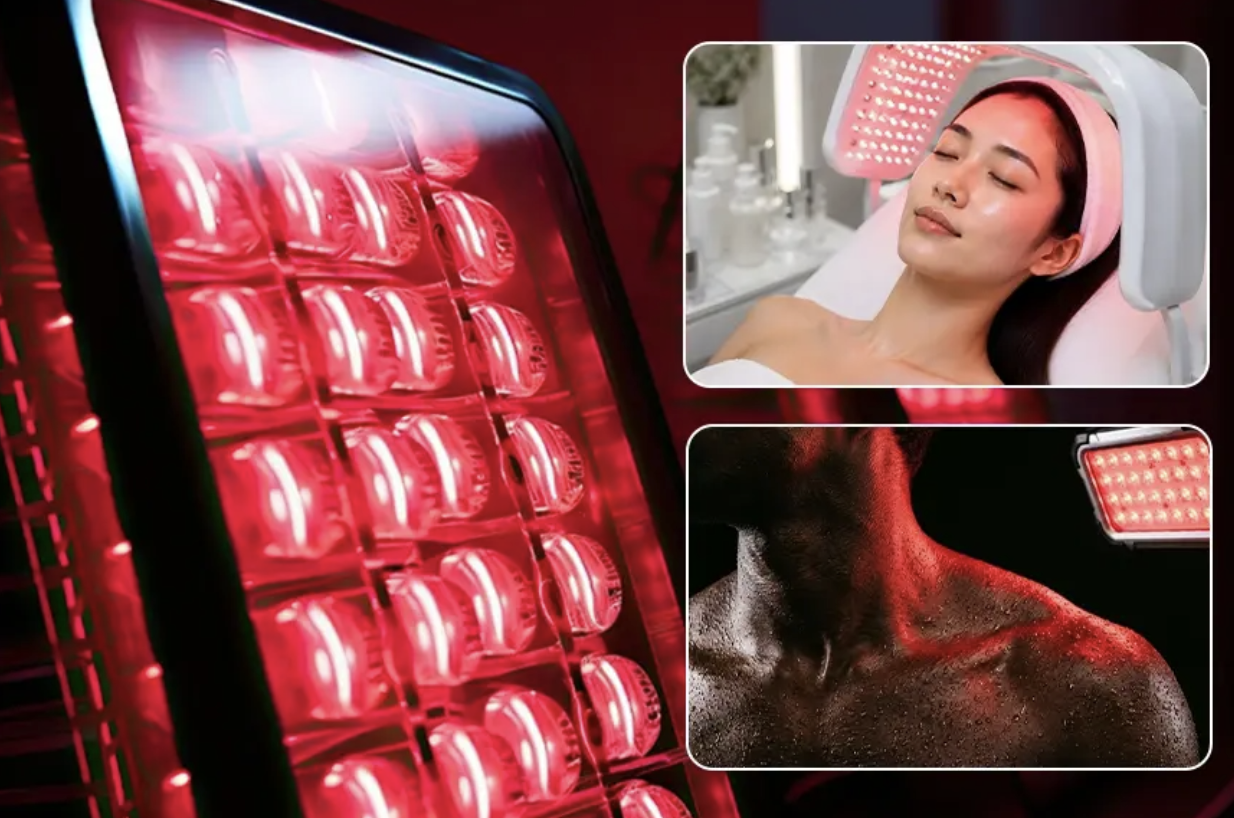 Collage of red LED light therapy device and two insets: a woman relaxing under a facial light treatment and a close-up of a reddened shoulder under red light.