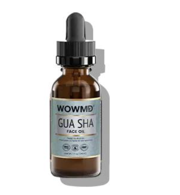 Brown glass dropper bottle labeled WOWMD Gua Sha Face Oil, with a black cap and dropper attached.