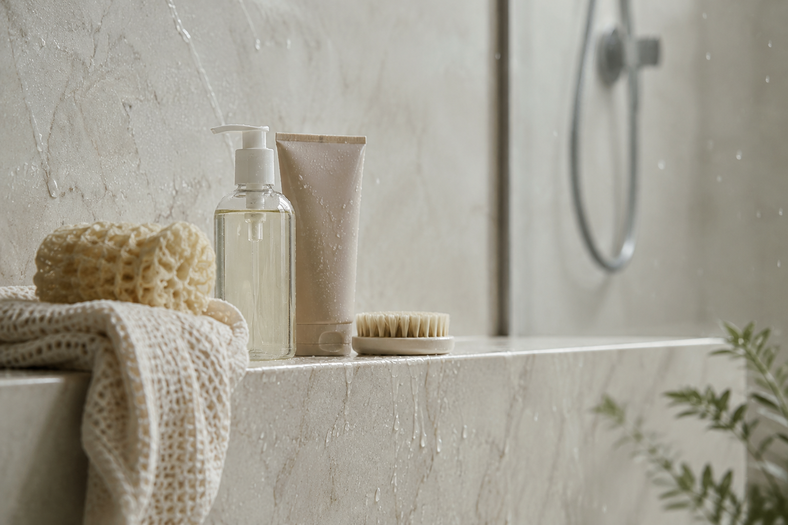 Beige bathroom shelf with a pump soap bottle, a tube of lotion, a small brush, and a loofah on a wet marble ledge by a shower.