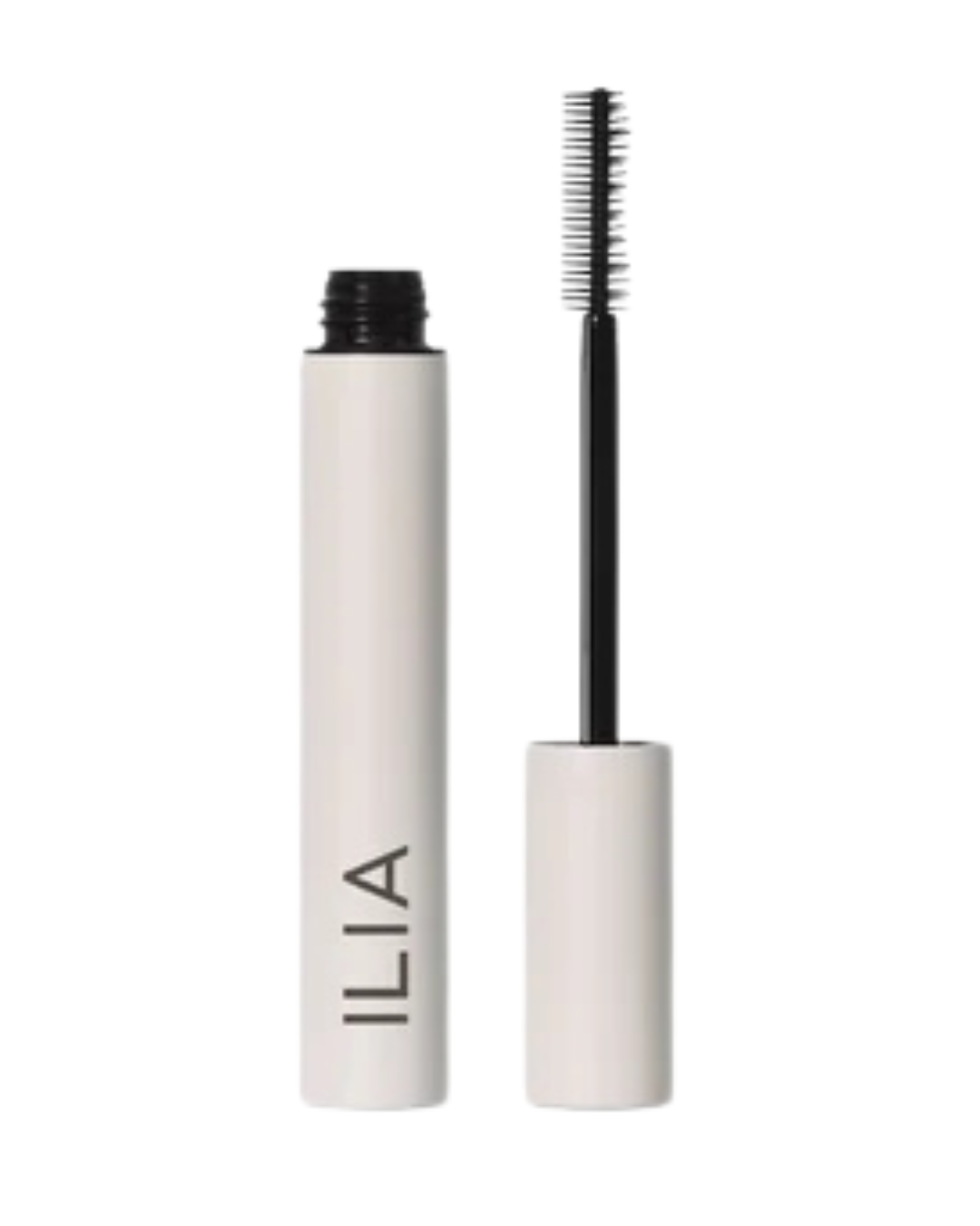 Ilia mascara tube with an extended black mascara wand beside it in a product shot.
