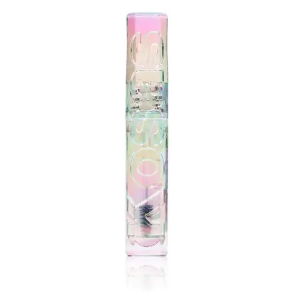 Holographic lipstick tube with a pastel gradient casing, standing upright on a white background.