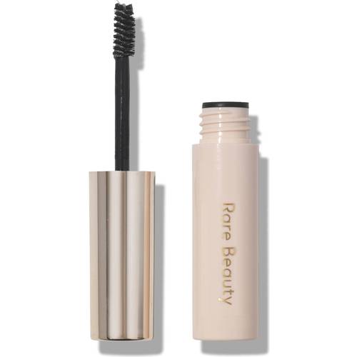 rare-beauty-brow-harmony-flexible-lifting-gel | Live That Glow Mascara wand above a beige Rogue Beauty mascara tube on a white background.