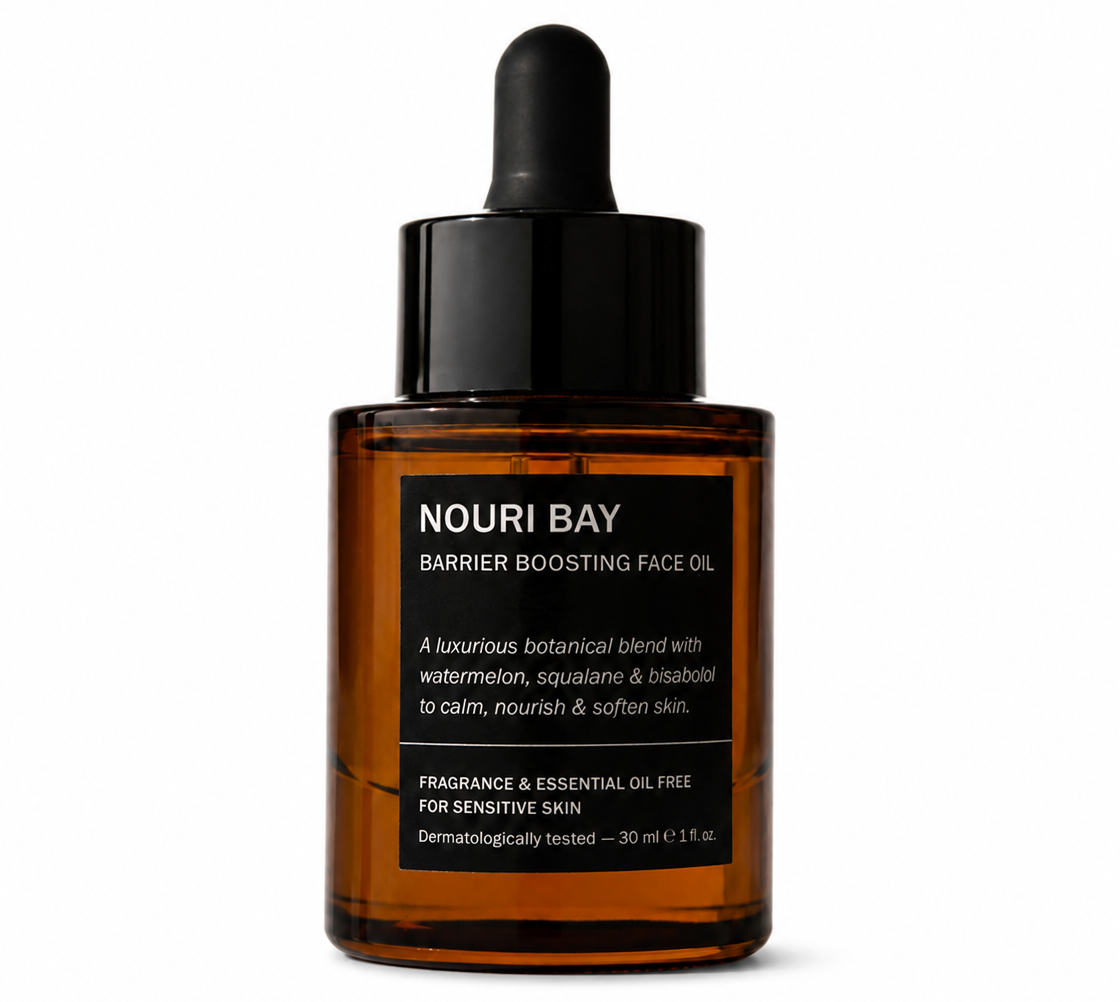Nouri Bay Barrier Boosting Face Oil in an amber glass dropper bottle